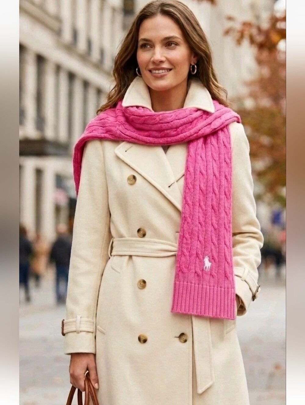 Vintage 90s Ralph Lauren Pink Wool Cotton Cable Knit Scarf Pony Logo Preppy